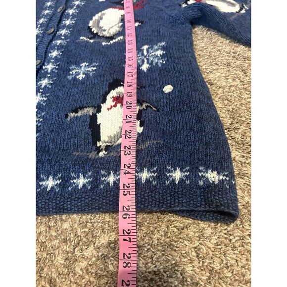Vintage Talbots Womens Cardigan Large Blue Hand Knit Penguin Sweater Snow Winter - Picture 8 of 9